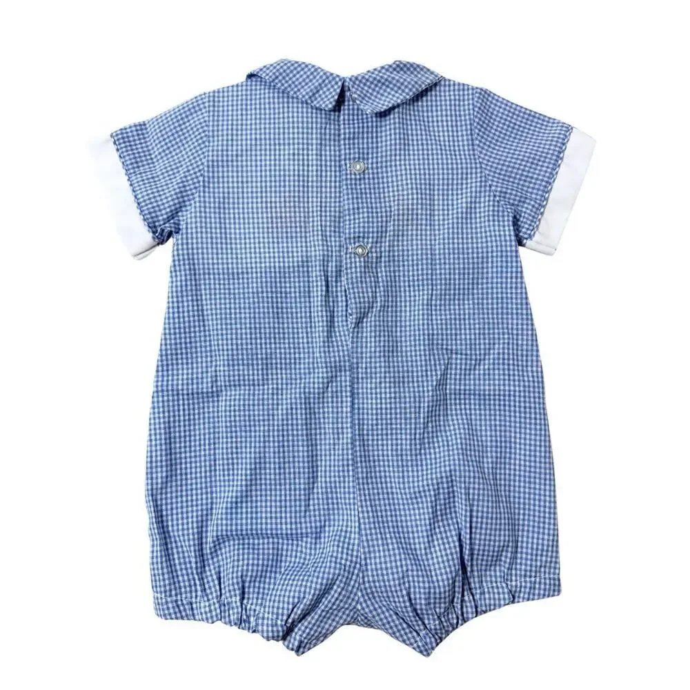 Vintage Alexis Baby Boy Smocked Train Bubble Romper Blue Gingham 6M Jon Jon